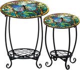 2 Pcs Outdoor Side Table Small Patio Round Mosaic Accent End Table Indoor Plant Metal Coffee Tea Tables for Patio Yard - Photo 1