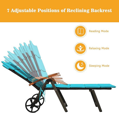 Tangkula Foldable Lounge Chair Outdoor, Wicker Chaise Lounge with Aluminum Frame, 7-Position Adjustable Reclining Pool Lounge Chairs with Wheels, Rattan Lounger with Cushion for Outside Patio Balcony