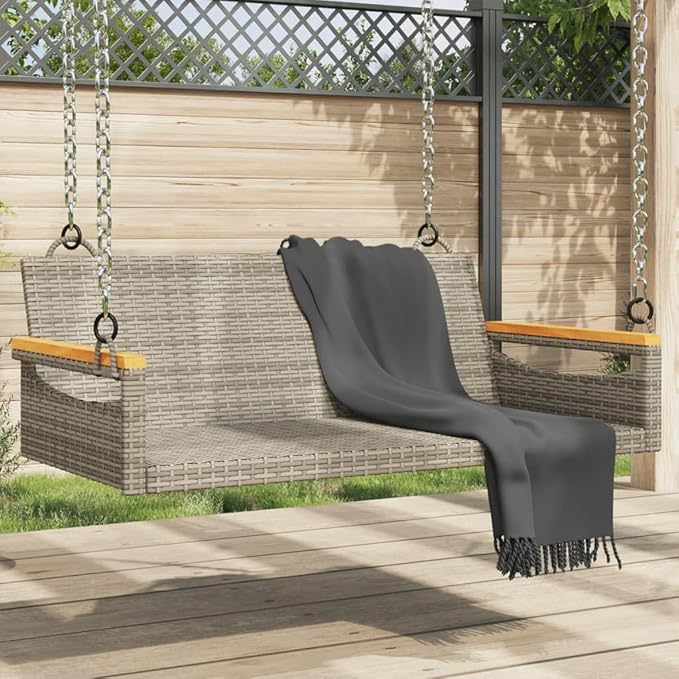 Gray Poly Rattan Swing Bench for Patio, 2-Person Outdoor Seating with Weather-Resistant Design and Easy Maintenance