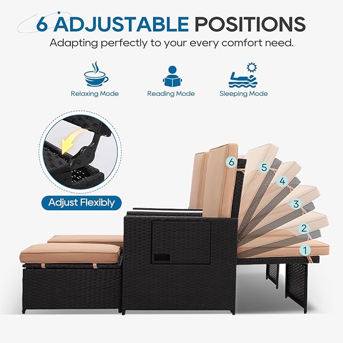 5PCS Outdoor Wicker Chaise Lounge Chair - Rattan Adjustable Reclining Patio Lounge Chair with Ottoman and Coffee Table, for Patio Beach Pool Backyard (Black Wicker Khaki Cushion)