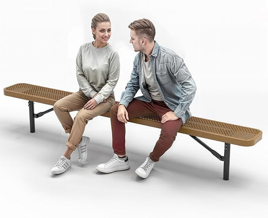 Heavy-Duty Outdoor Metal Bench, Thermoplastic-Coated, Inground, Weatherproof, Commercial-Grade for Parks, Gardens, Patios, Stores & More (8 Ft - Inground, Brown)