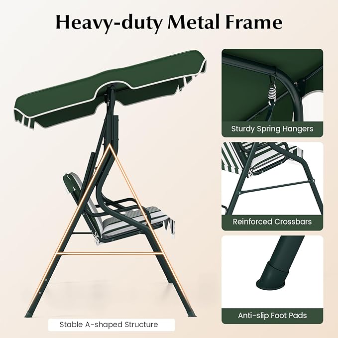 RELAX4LIFE 3-Person Porch Swing Chair - Outdoor Swing w/Adjustable Canopy, Removable Cushion & Metal Frame Stand - Photo 7