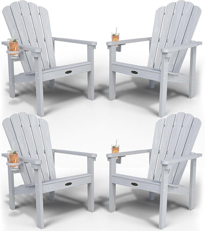 Stackable Adirondack Chair Set of 4, HDPE All-Weather Adirondack Chairs - Durable and Space Saving, Plastic Outdoor Fire Pit Chairs with Cup Holder,White