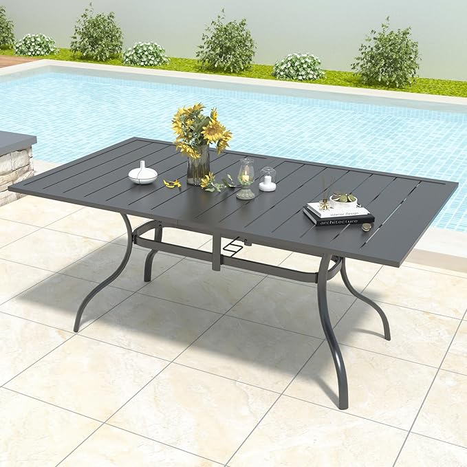 Patio Dining Table for 6 Person, Outdoor Metal 63x38 Inch Rectangle Table with 1.57" Umbrella Hole for Garden Lawn Backyard Poolside Parties, Black