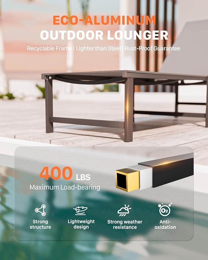 Chaise Lounge Chair Outdoor,Aluminum Patio Lounge Chairs Set of 2,Pool Lounge Chairs with 5 Adjustable Backrest and Headrest Pillows for Outside Beach,Gray