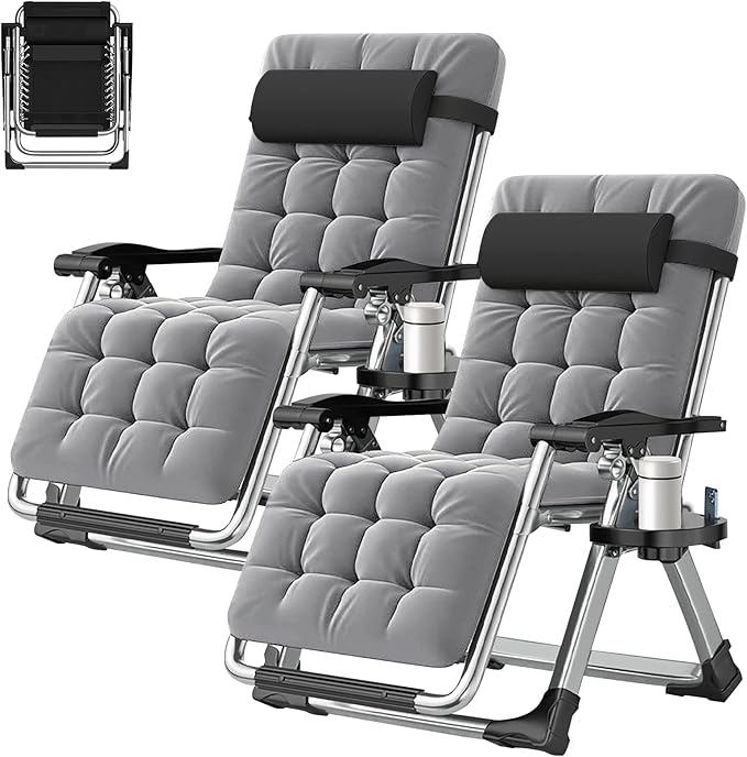 ABORON 2 Pack Zero Gravity Chair, Outdoor Lounge Chairs Sun Loungers with Removable Cushion, Headrest, Cup Holder - Photo 1