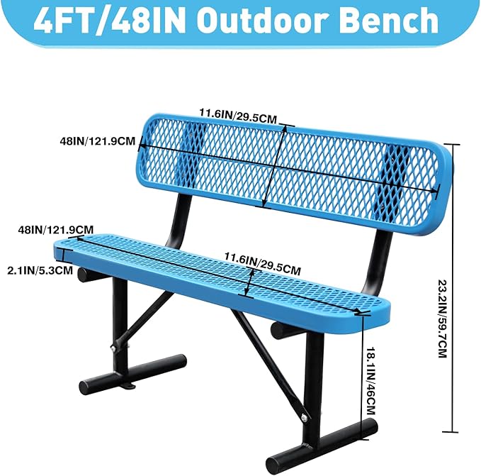 4Ft Outdoor Bench with Blue Portable Frame, Outdoor Steel Park Bench with Backrest, Expanded Metal Mesh Bench for Outside, Lawn, Backyard, Park, Deck, Garden, Patio, Porch, Blue