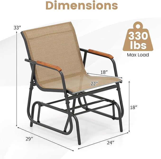 Giantex Outdoor Glider, Swing Rocking Chair with Breathable Fabric Seat, Curved Teak Wood Armrests and Metal Frame - Photo 3