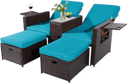 5PCS Outdoor Wicker Chaise Lounge Chair - Rattan Adjustable Reclining Patio Lounge Chair with Ottoman and Coffee Table, for Patio Beach Pool Backyard (Brown Wicker Turquoise Cushion)