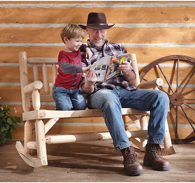Double Outdoor Rocking Chair for Patio, Wooden Front Porch Bench Two Seat