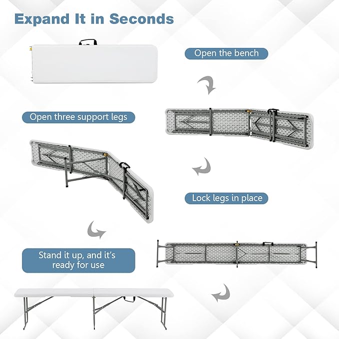 S AFSTAR Plastic Folding Bench, Lightweight & Portable Outdoor Camping Picnic Bench with Handle and Lock, 550 LBS Load, 4-Person 6 Feet Folding Benches for Outside Indoor, No Assembly Required, White