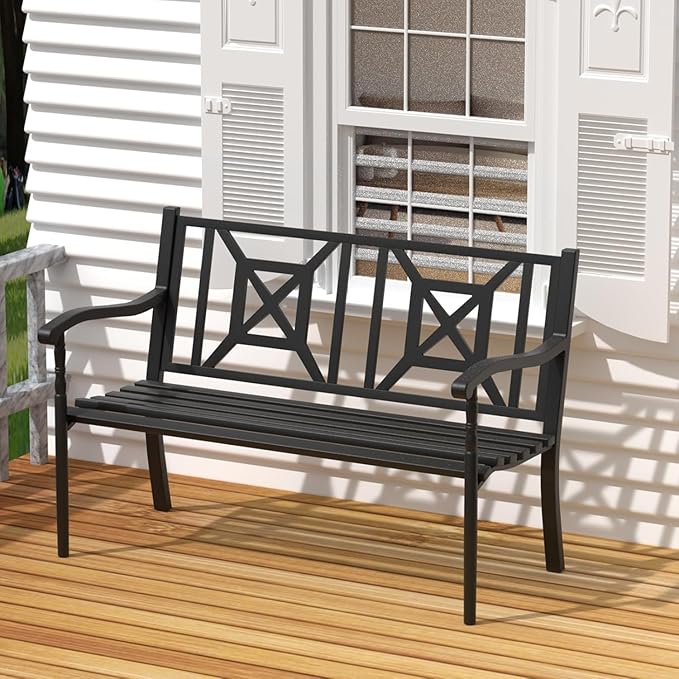 SHGJ&SOFT Garden Bench,Outdoor Bench,Porch Bench,Cast Iron Metal Frame Patio Park Bench,Patio Bench with Backrest and Armrests for Front Porch,Patio,Park,Outdoor Garden,Backyard,Lawn