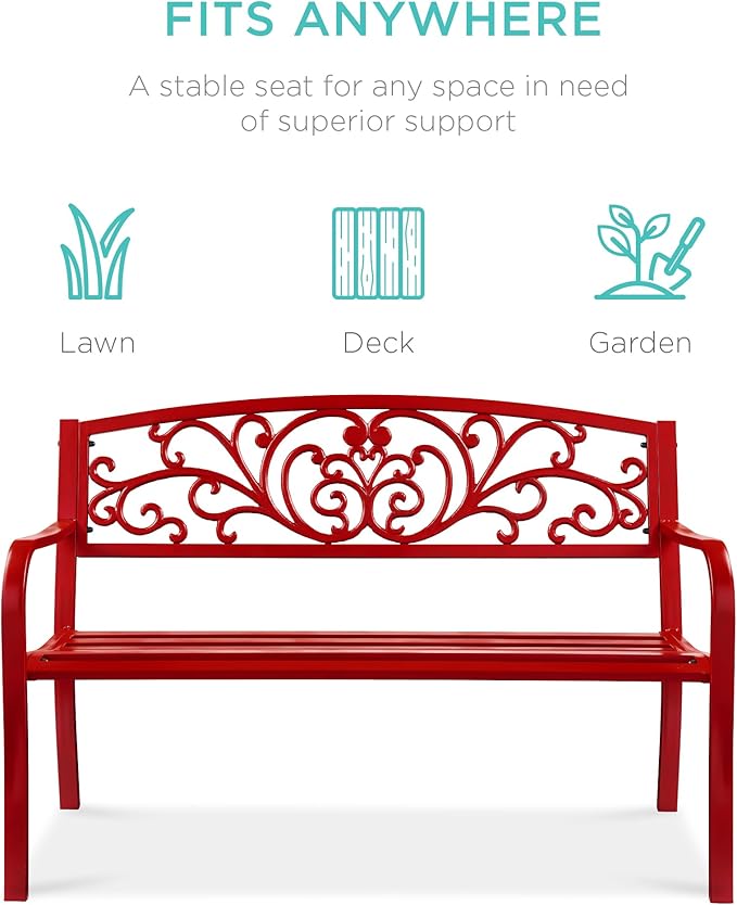 Best Choice Products Outdoor Bench Steel Garden Patio Porch Furniture for Lawn, Park, Deck w/Floral Design Backrest - Photo 3