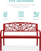 Best Choice Products Outdoor Bench Steel Garden Patio Porch Furniture for Lawn, Park, Deck w/Floral Design Backrest - Photo 3