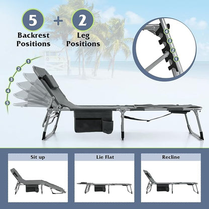 GYMAX Tanning Chair, 330LBS Beach Lounge Chair with Face Arm Hole & Hand Shoulder Strap, Folding Layout Sunbathing Chair, Face Down Outdoor Chaise Lounger for Patio, Poolside, Lawn, Backyard (2, Grey)