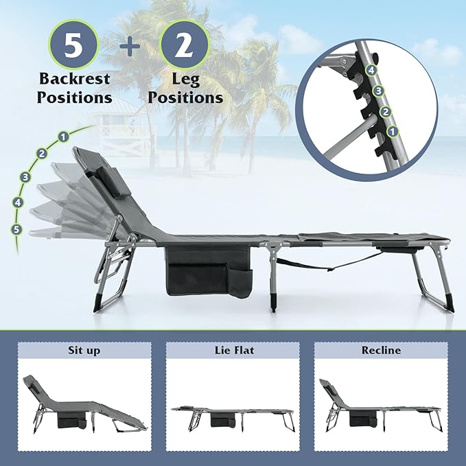 GYMAX Tanning Chair, 330LBS Beach Lounge with Face Arm Hole & Hand Shoulder Strap, Folding Layout Sunbathing Chair, Face Down Outdoor Chaise Lounger for Patio, Poolside, Lawn, Backyard (1, Grey)
