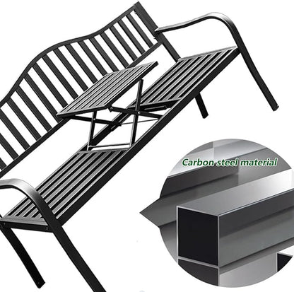 Outdoor Garden Bench with Pullout Table, Metal Park Loveseat Chair with Backrest & Armrests, Cast Iron Steel Frame for Patio, Yard, Porch - Blue Color