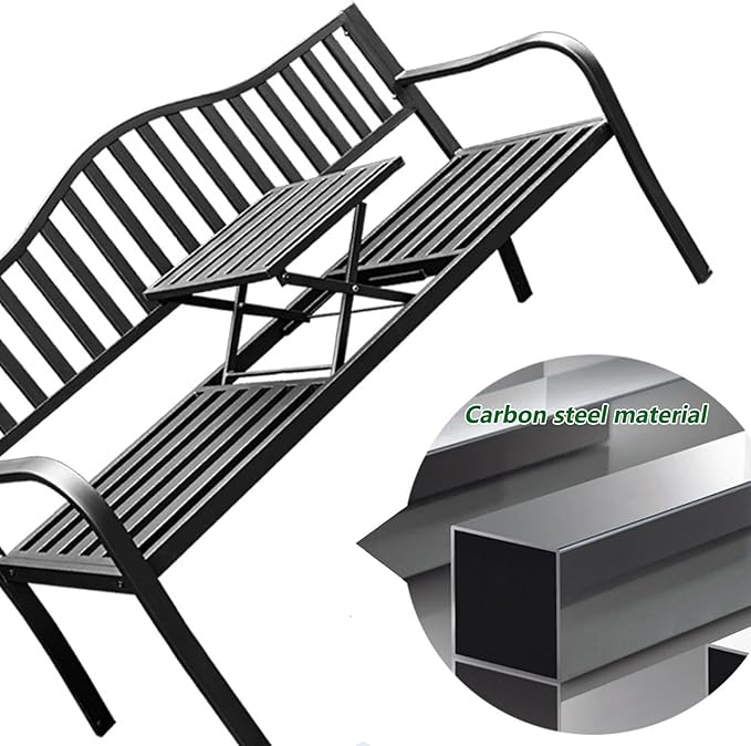 Outdoor Metal Garden Bench with Pull-Out Table, Cast Iron Steel Frame Loveseat with Backrest & Armrests, Perfect for Patio, Yard, or Park (White)