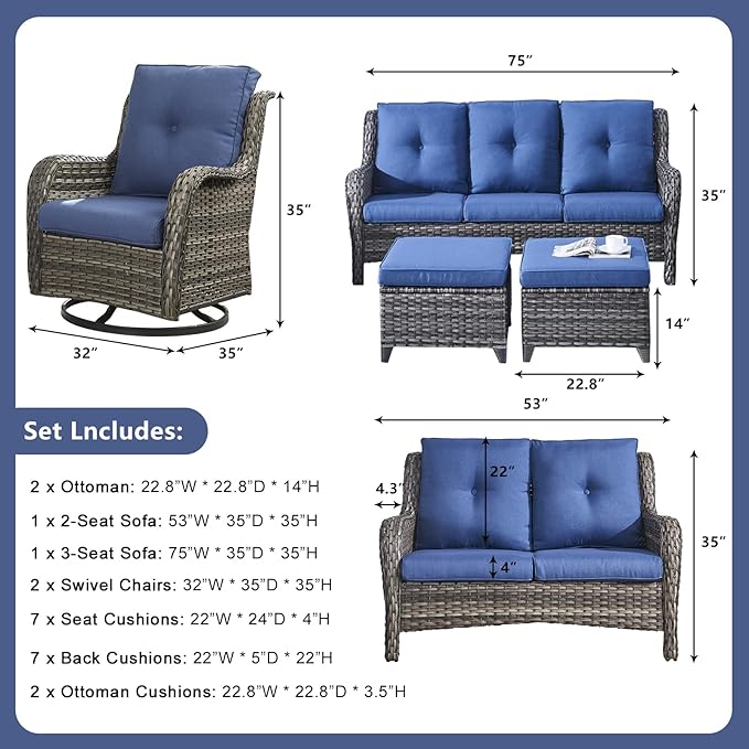 Rilyson Wicker Patio Furniture Set - 6 Piece Rattan Outdoor Sectional Conversation Sets with 2 Rocking Swivel Chairs - Photo 3