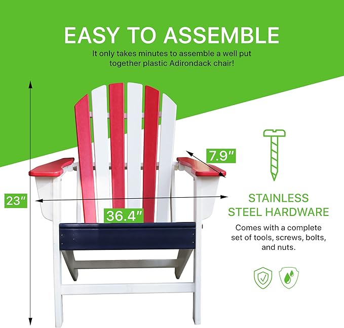 NewTechWood Atlantic Classic Curveback Plastic Weather Resistant Patio Adirondack Chair, Easy Installation, Widely Used in Outdoor, Fire Pit, Deck, Lawn, Outside, Garden Chairs (Patriot)