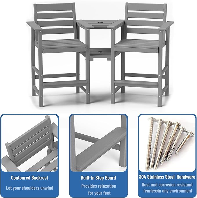 Tall Adirondack Chair Set of 2 ,HDPE Adirondack Bar Stools with Removable Connecting Trays ,Weather Resistant Balcony Chair,Outdoor Adirondack Bar Chairs for Patio,Pool,Garden, Backyard 360LBS Grey
