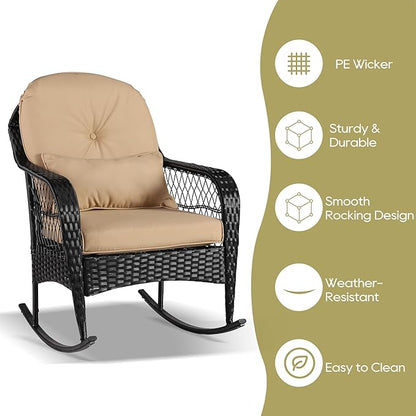 Outdoor Wicker Rocking Chair, All Weather PE Rattan Rocker with Cushion & Pillow, Outdoor Rocking Furniture for Garden, Porch, Backyard, Poolside (Black Rattan+Khaki Cushion)