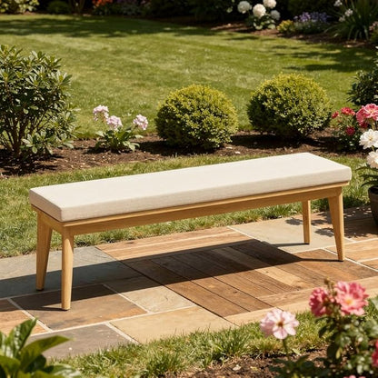Acacia Outdoor Bench, 59" L×15.82" W Porch Bench with Removable and Washable Cushion, All-Weather Solid Wood Outside Chair for Proch Garden, Lawn