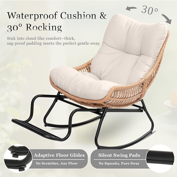 Outdoor Papasan Rocking Chair with Adjustable Footrest, Comfy Outdoor Lounge Chairs Heavy Duty Oversized Rocking Egg Chair Perfect for Patio Deck Garden and Indoor Use