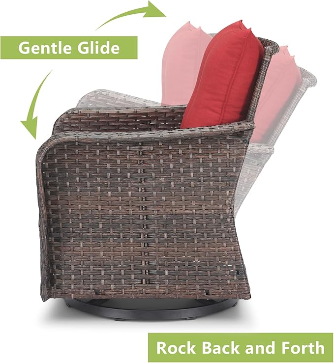 Rilyson Outdoor Patio Swivel Rocker Chairs - 6 PC Wicker Patio Bistro Sets with High Back,Comfy Cushions,Deep Seating and Side Table for Porch Deck Backyard Garden(Brown/Red)