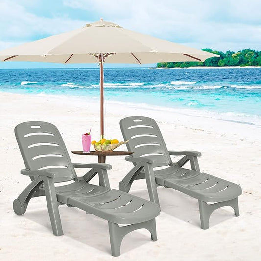 Moccha Folding Chaise Lounge Chair - Plastic Patio Lounger w/ 2 Rolling Wheels, 5-Adjustable Positions, Armrests, Outdoor Lounge Recliner for Poolside Yard Garden Sunbathing Beach Chair (2, Grey)