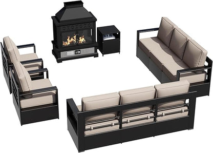 Outdoor Aluminum Furniture Set, 5-Piece Patio Conversation Set, 2 Swivel Chairs, 2 Sofa and 1 Fireplace, All-Weather Metal Frame, 6" Thick Removable Cushions, Deep Setting for Garden and Porch