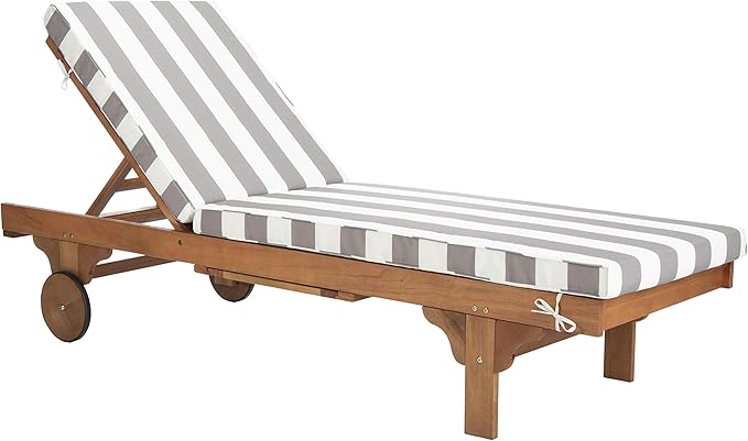 SAFAVIEH Outdoor Collection Newport Natural/ Grey & White Stripe Cushion Built-in Side Table Adjustable Chaise Lounge Chair