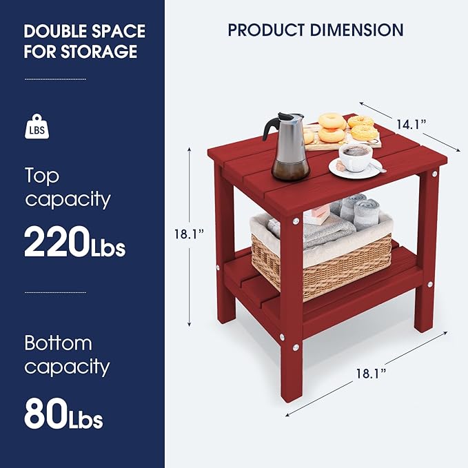 KINGYES Outdoor Side Table Set of 2, Double Layer Adirondack End Table- Red