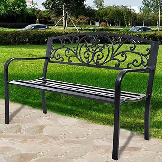 Outdoor Metal Garden Bench, 2 Seater Steel Patio Furniture Seat w/Backrest and Armrests for Backyard, Park, Front Porch