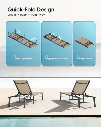 Ciokea Foldable Outdoor Lounge Chair Set of 4, No Assembly Aluminum Chaise Lounge Outdoor with 5-Positions, Aluminum Pool Lounge Chairs with Portable Design for Poolside, Beach, Deck, Patio, Khaki
