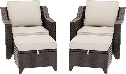 4 Pieces Patio Conversation Furniture Set - 2 Chairs with Ottomans Set of 2, Outdoor Wicker Armchairs with Water-Resistant and Washable Cushions for Porch, Balcony, Sunroom (Beige)