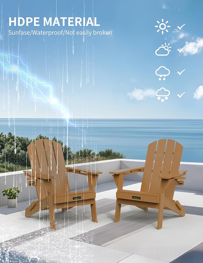 Folding Adirondack Chair Set of 2, Wooden Textured Plastic Adirondack Chairs with 2 Cup Holder - Photo 6