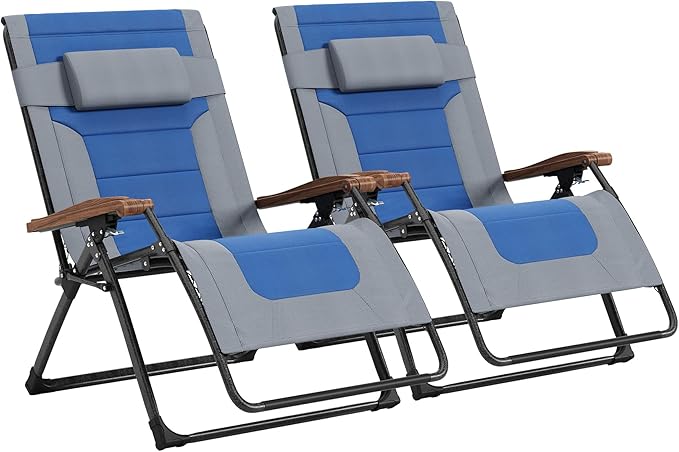 PURPLE LEAF Extra Wide Outdoor Reclining Chair Set of 2 Patio Zero Gravity Chaise Lounge Folding Chair with Quilted Cushion Adjustable Headrest for Lawn Camping Beach Pool Grey and Navy Blue