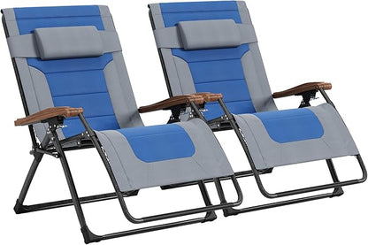 PURPLE LEAF Extra Wide Outdoor Reclining Chair Set of 2 Patio Zero Gravity Chaise Lounge Folding Chair with Quilted Cushion Adjustable Headrest for Lawn Camping Beach Pool Grey and Navy Blue
