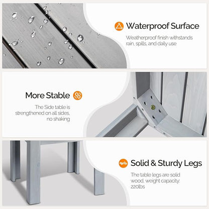 VINGLI Outdoor Wooden Side Table, Square Patio Side Table, Small Outdoor Table for Patio, Backyard, Garden, Poolside, Balcony, Adirondack Conversation End Table (Grey)