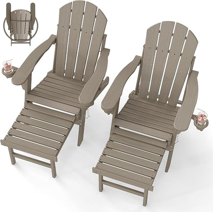 BRIOPAWS Adirondack-Chairs-with-Pull-Out-Footrest | Set of 2 | Folding | HDPE Plastic | Fire Pit Chair | All Weather | Cup Holders | Curved Back | Retractable Ottoman | for Poolside Deck | Light Brown
