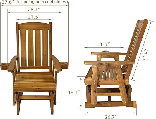 Fortune Candy Wooden Patio Glider for One Person, with High Back and Deep Contoured Seat, Solid Fir Wood, Heavy Duty 600 LBS (Teak Tone, 1-Seater)