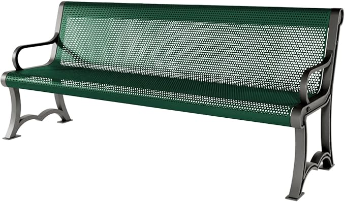 COATEDOUTDOORFURNITURE Coated Outdoor Furniture Heavy-Duty Outdoor Bench Thermoplastic Coated, Punched Steel, Commercial-Grade Garden Bench, Made in America (Portable with Back, 6 Ft, Textured Green)