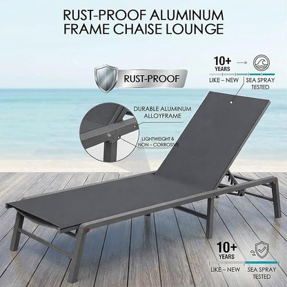 Kozyard 2-Pack Outdoor Lounge Chairs, Foldable Aluminum Frame Patio Chaise Lounge with 5-Position Adjustable Backrest, Assemble-Free, Breathable Textilene Fabric for Poolside Beach (Gray, No Table)