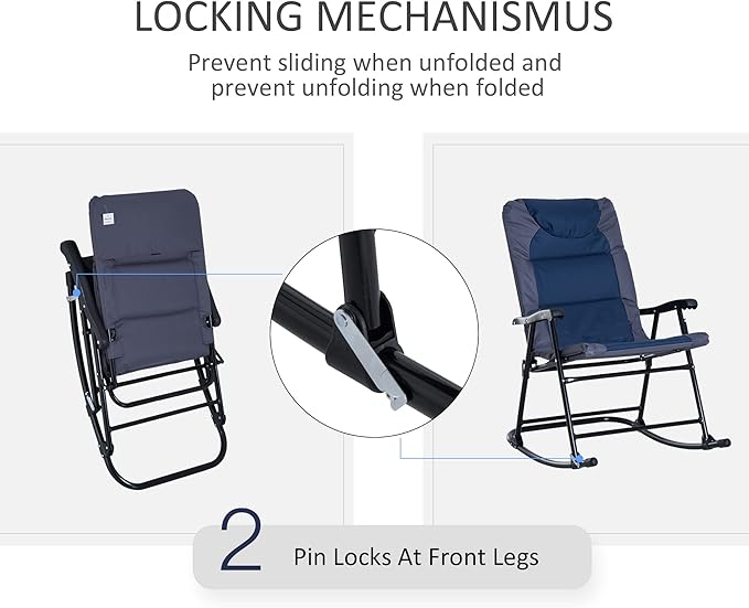 Outsunny 3 Piece Outdoor Patio Furniture Set with Glass Coffee Table & 2 Folding Padded Rocking Chairs, Bistro Style for Porch, Camping, Balcony, Navy Blue