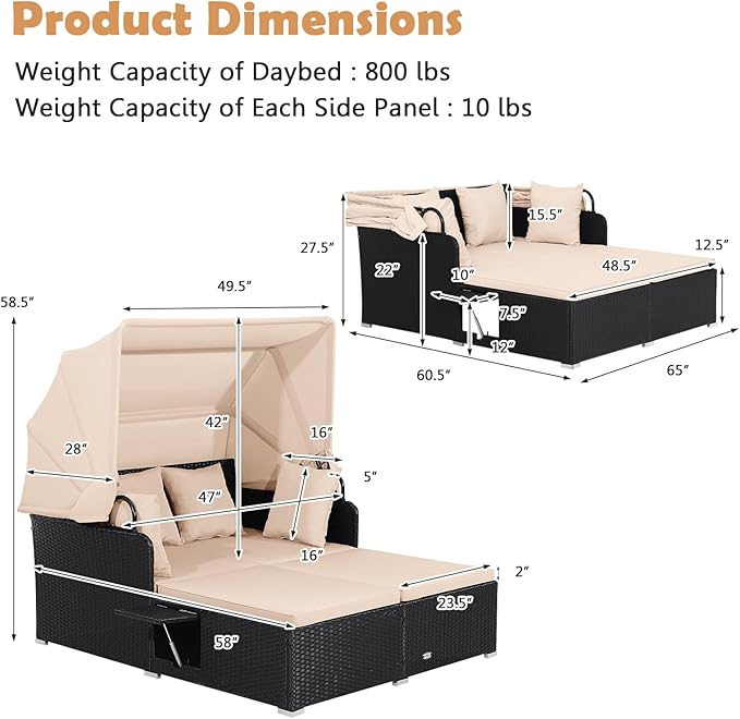 Moccha Outdoor Daybed with Retractable Canopy, Wicker Cabana with 2 Side Tables & Soft Cushions - Photo 5