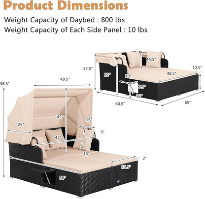 Moccha Outdoor Daybed with Retractable Canopy, Wicker Cabana with 2 Side Tables & Soft Cushions ,Hand-Woven PE Rattan Bed Lounger, Patio Sectional Furniture Set for Garden Backyard Porch (Beige)