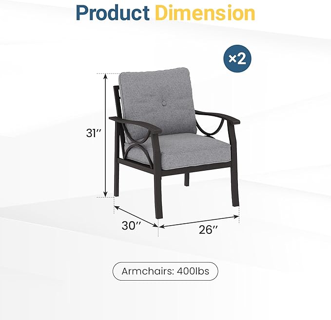 RoyalCraft Outdoor Patio Furniture Set, 3 Pieces Metal Patio Conversation Set with Side Table for Porch Garden Backyard - Photo 2