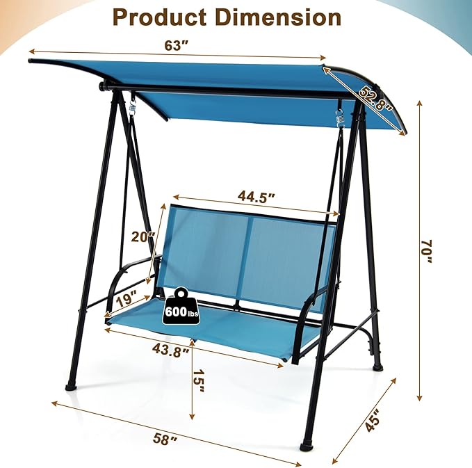 Tangkula 2 Person Porch Swing, Patio Swing with Adjustable Canopy, Comfortable Fabric Seat & Heavy-Duty Steel Frame - Photo 4
