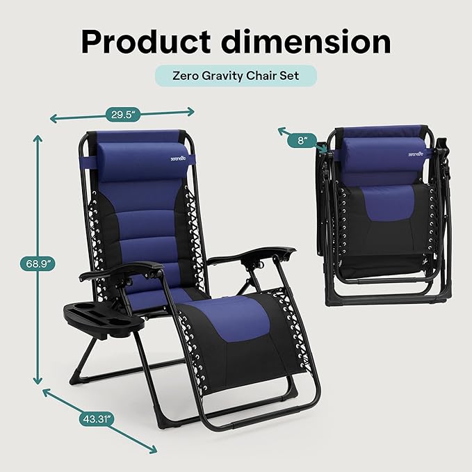 SereneLife Oversized Padded Zero Gravity Lounge Chair, Foldable Outdoor Patio Recliner, Anti Gravity Lawn Recliner with Cup Holder and Side Table for Backyard, Camping, Beach or Outdoor Relaxation